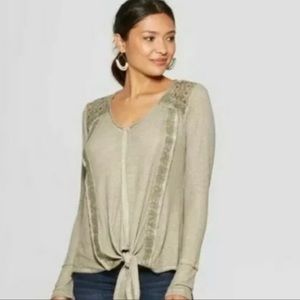 Waffle Knit Boho Front Tie Long Sleeve